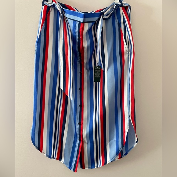 NWT Ralph Lauren Satin Striped Knee Length Belted Skirt Size 4 Blue, Red & White - Picture 3 of 10